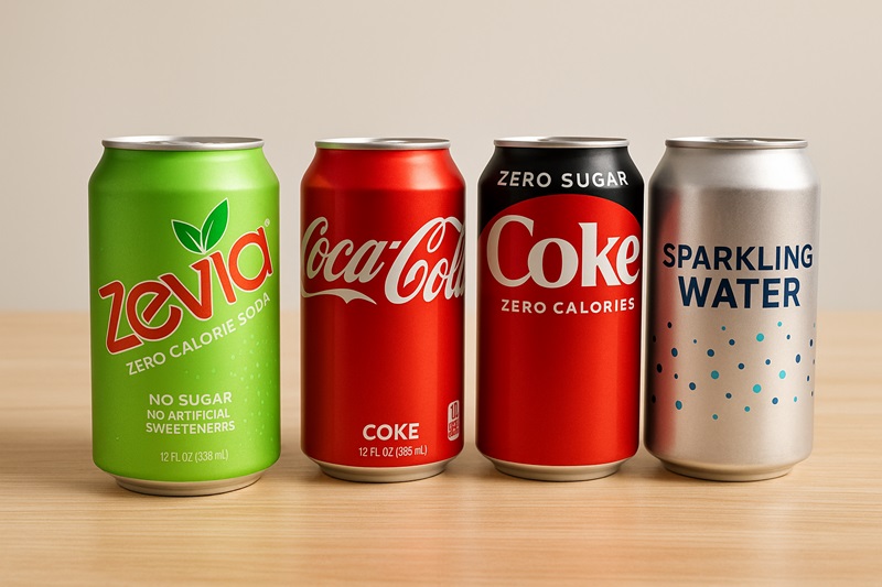 Can of Zevia soda compared with regular Coke, Coke Zero, and sparkling water on a table.