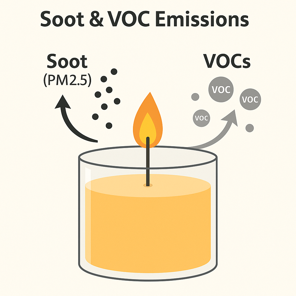 Diagram showing soot and VOC emissions from a burning scented candle
